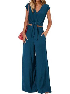 Women's Summer 2 Piece Outfits 2026 Cap Sleeve V Neck Belted Crop Tops Wide Leg